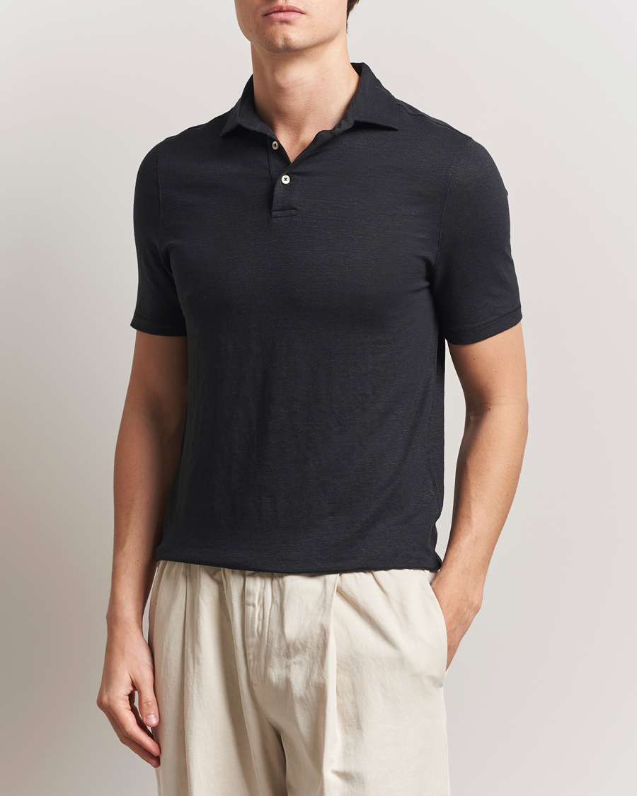 Hombres | Polos | Stenströms | Linen Polo Shirt Black