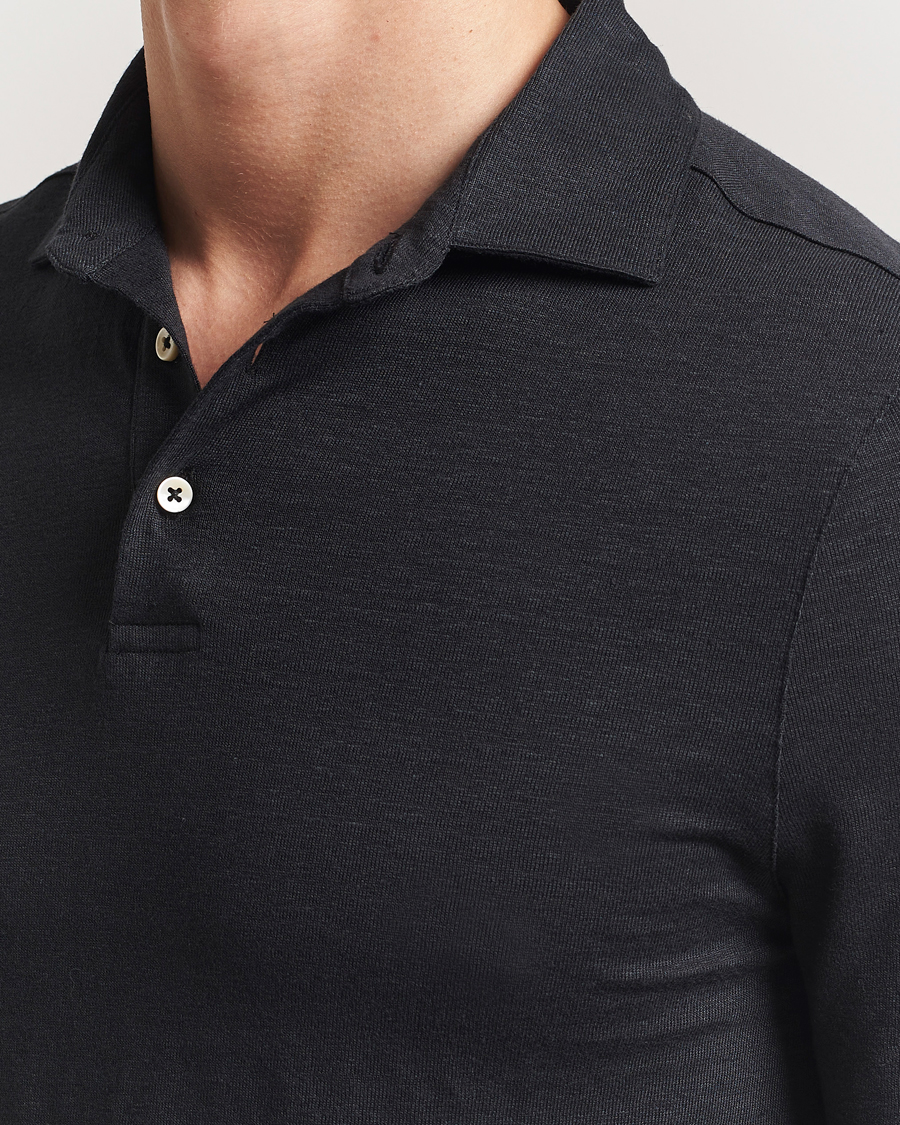 Hombres | Polos | Stenströms | Linen Polo Shirt Black