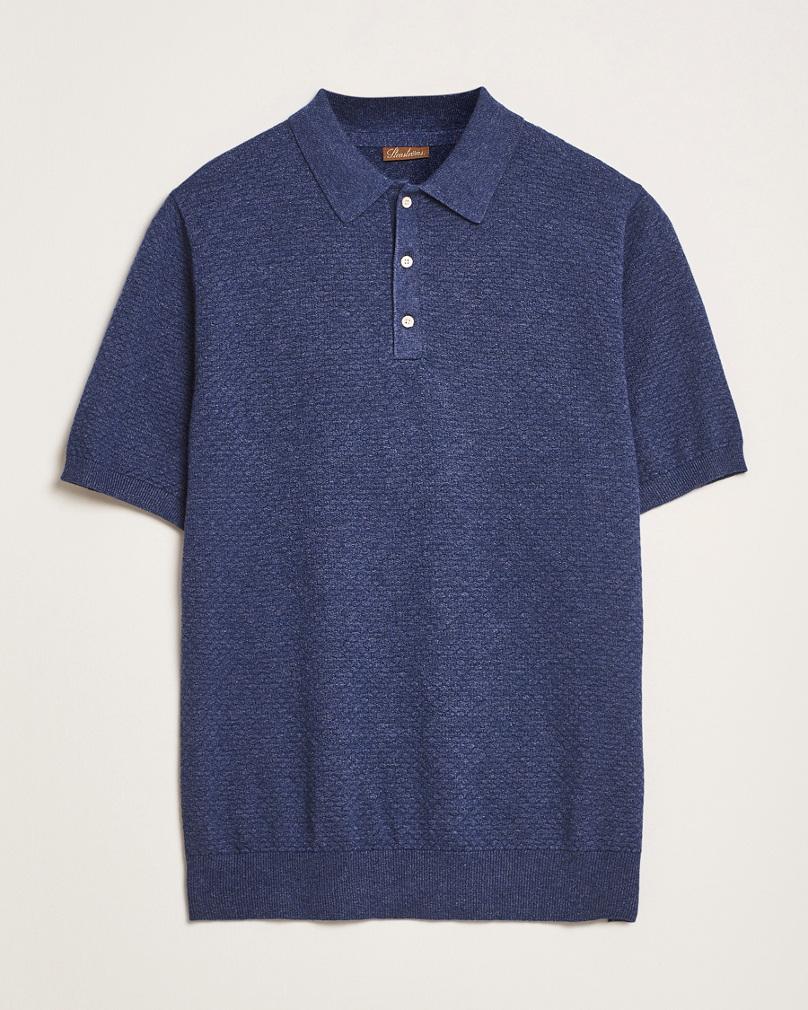 Hombres | Polos | Stenströms | Knitted Textured Cotton/Hemp Polo Navy