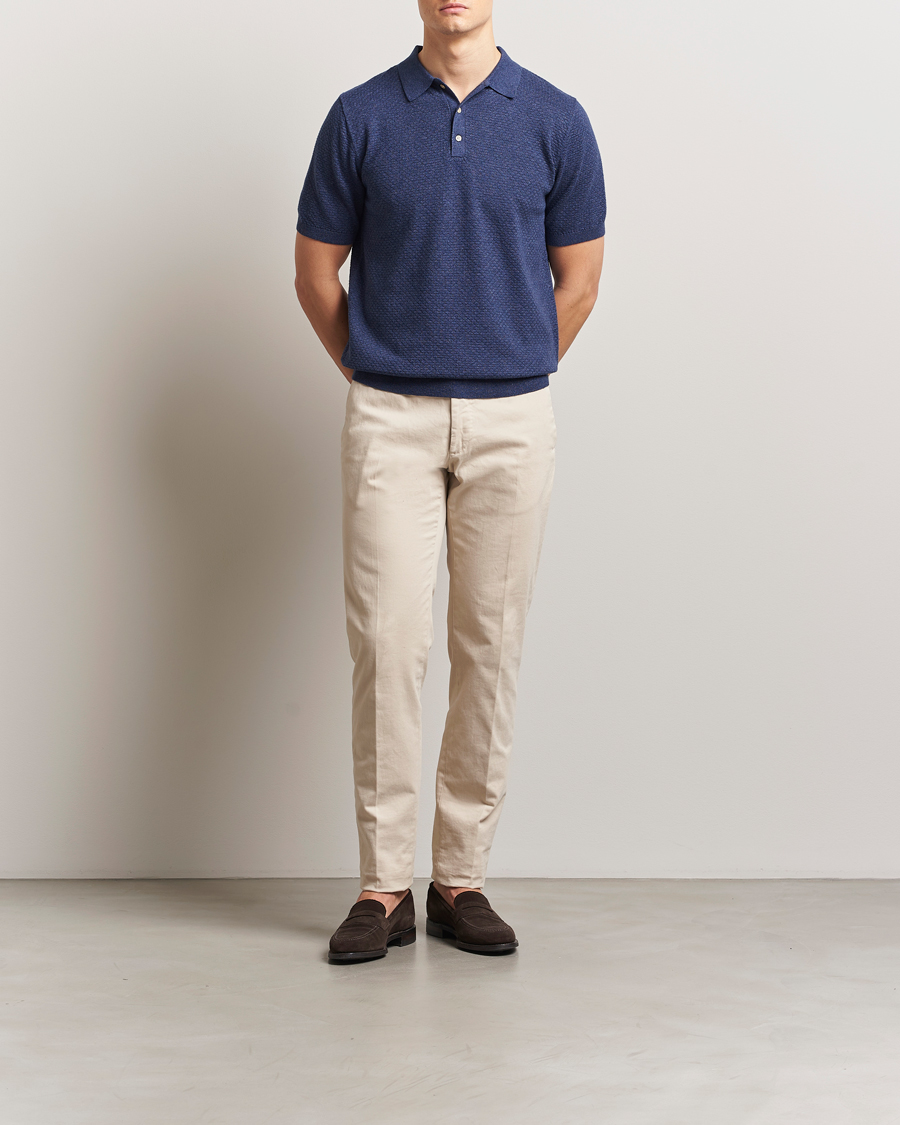 Hombres | Polos | Stenströms | Knitted Textured Cotton/Hemp Polo Navy