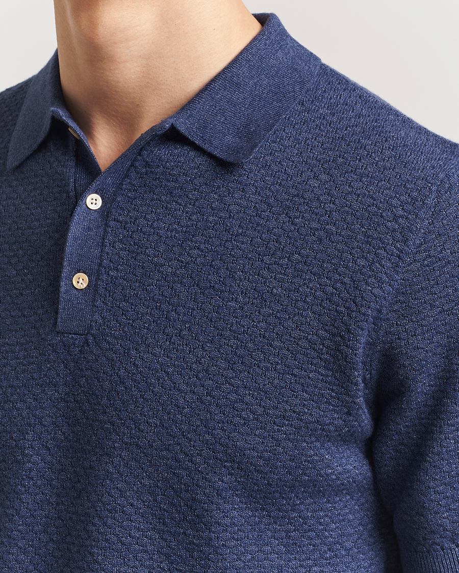 Hombres | Polos | Stenströms | Knitted Textured Cotton/Hemp Polo Navy
