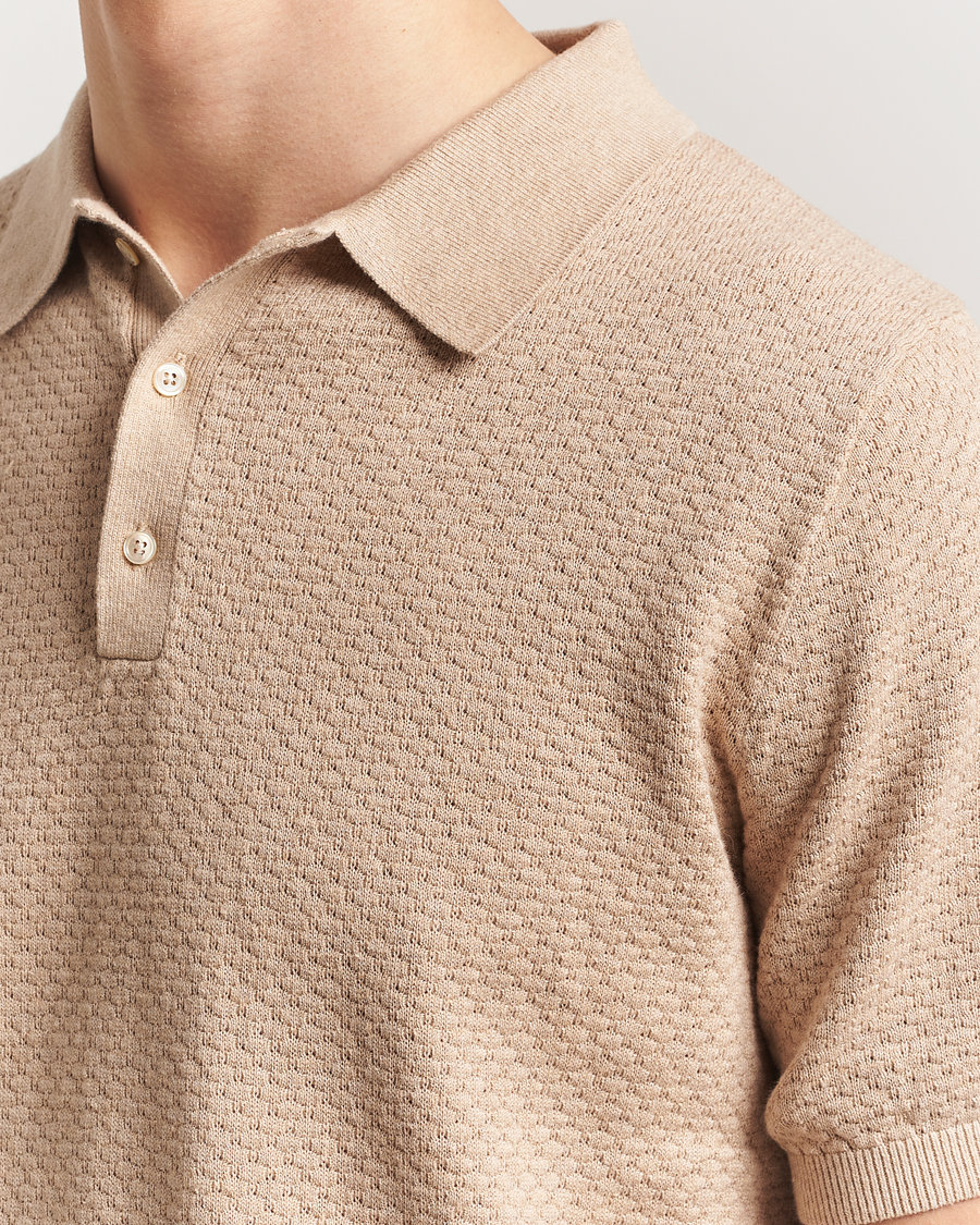 Hombres | Polos | Stenströms | Knitted Textured Cotton/Hemp Polo Beige