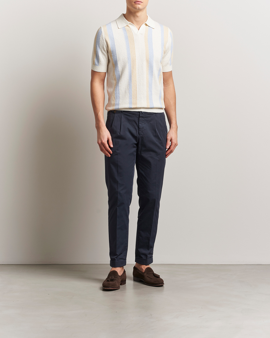 Hombres | Polos | Stenströms | Knitted Textured Striped Cotton/Hemp Polo Off White
