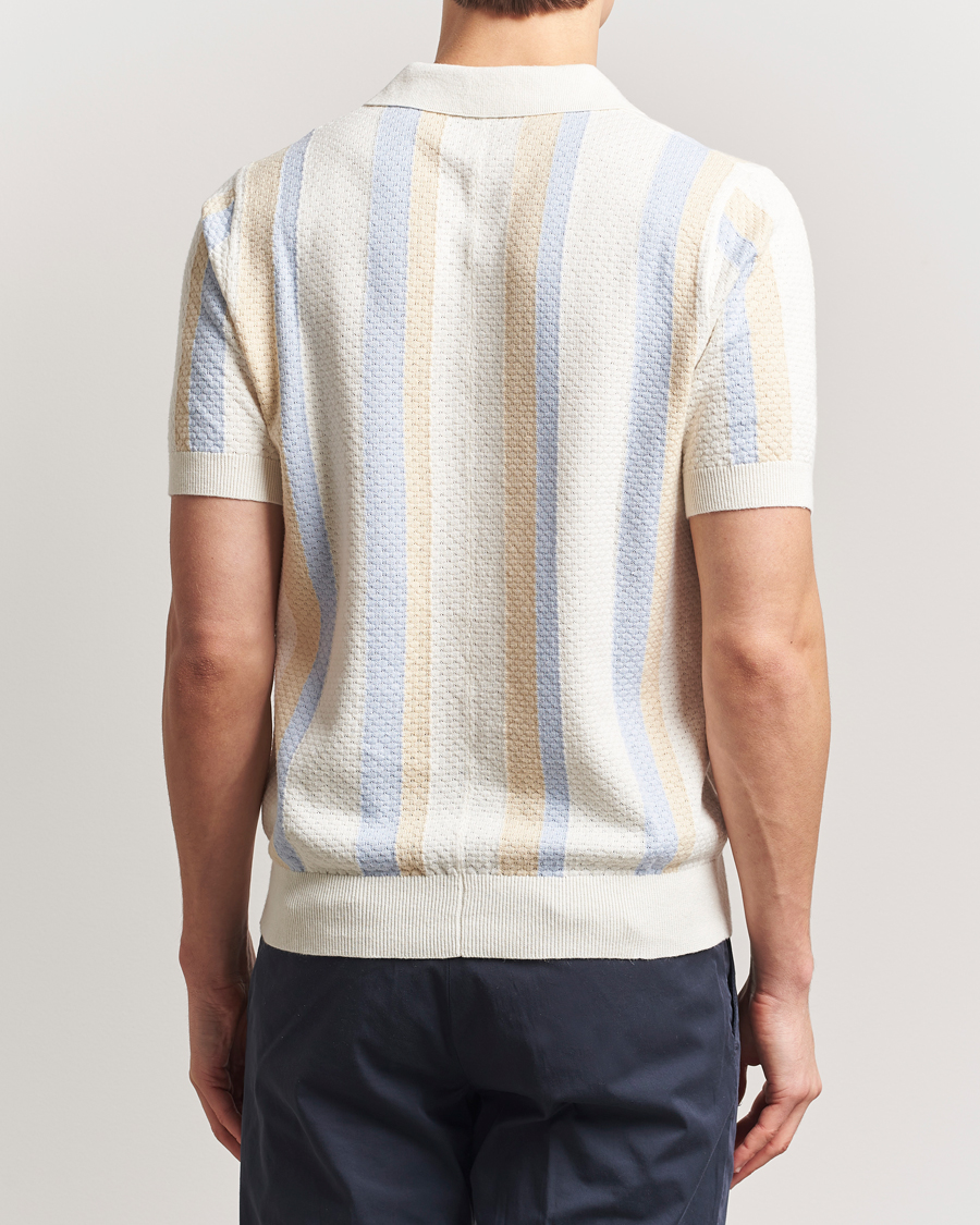 Hombres | Polos | Stenströms | Knitted Textured Striped Cotton/Hemp Polo Off White