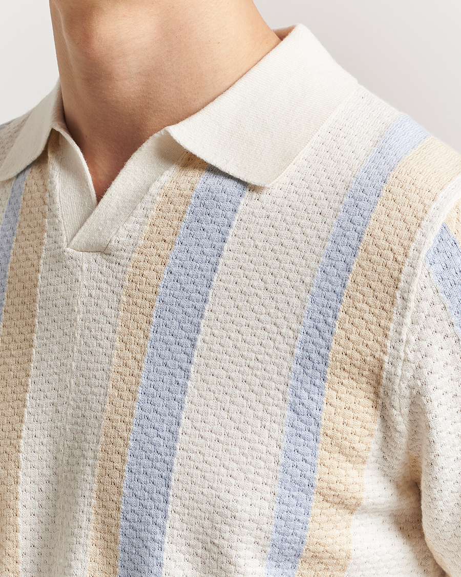 Hombres | Polos | Stenströms | Knitted Textured Striped Cotton/Hemp Polo Off White