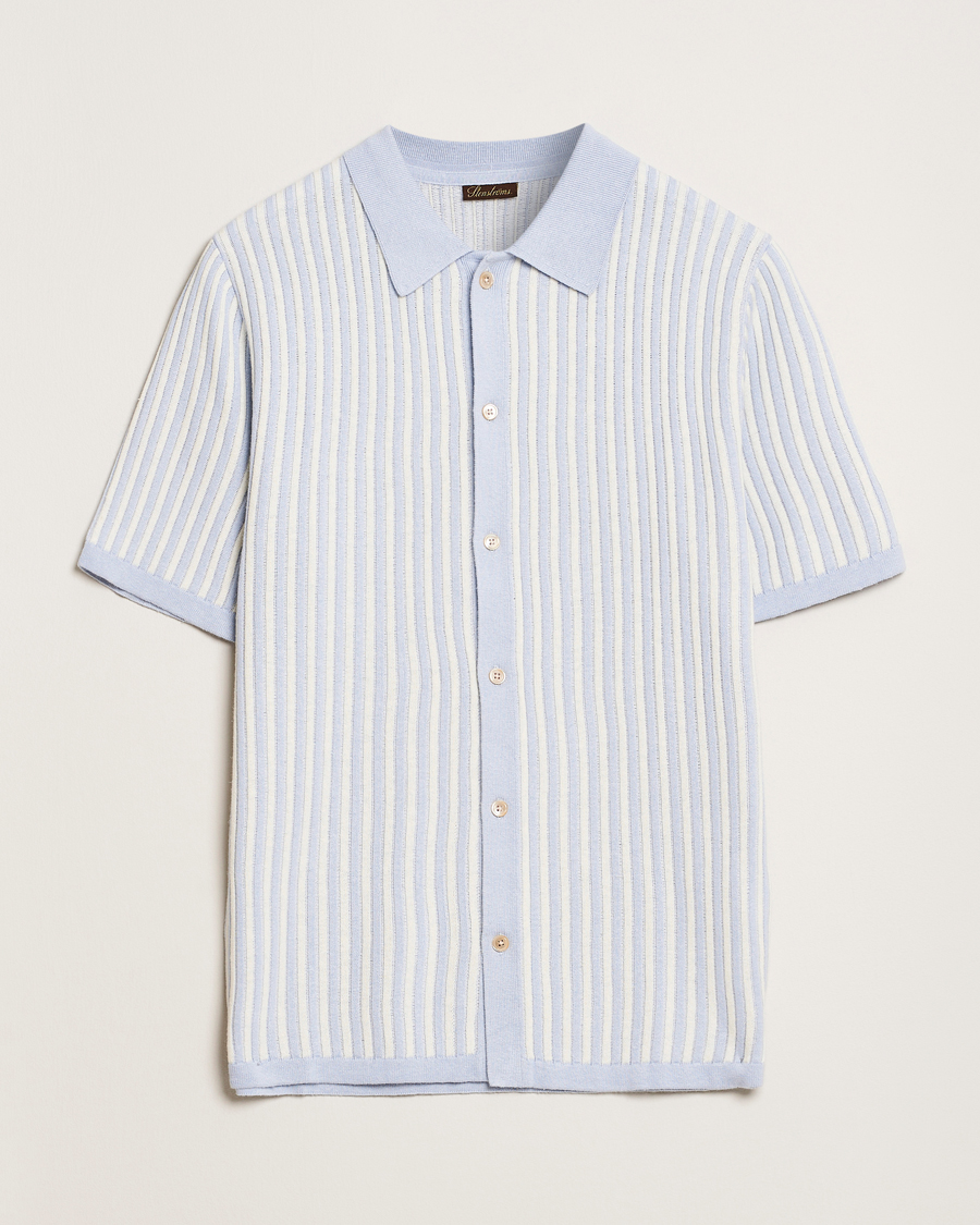 Hombres | Camisas | Stenströms | Knitted Buttonthru Polo Shirt White/Blue