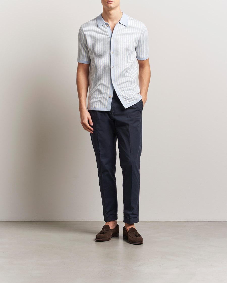 Hombres | Camisas | Stenströms | Knitted Buttonthru Polo Shirt White/Blue