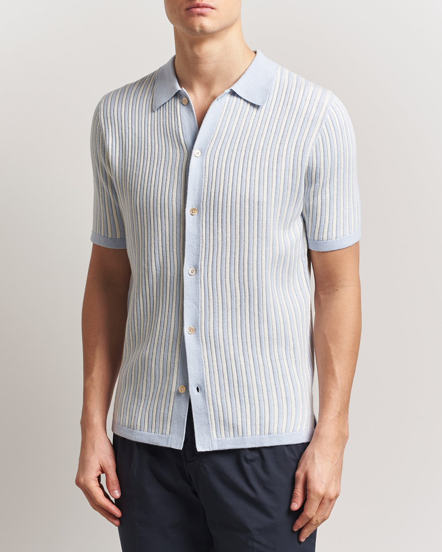 Hombres | Camisas | Stenströms | Knitted Buttonthru Polo Shirt White/Blue