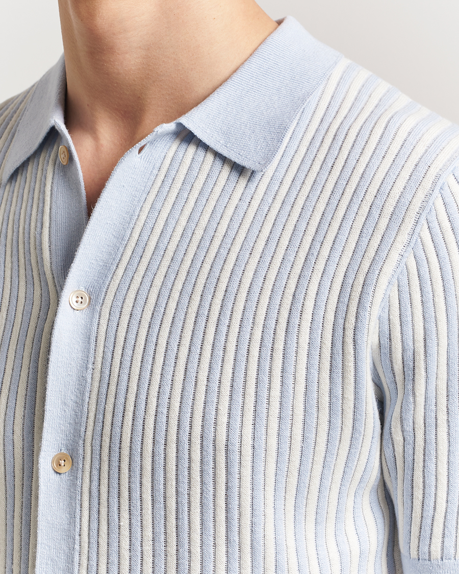 Hombres | Camisas | Stenströms | Knitted Buttonthru Polo Shirt White/Blue