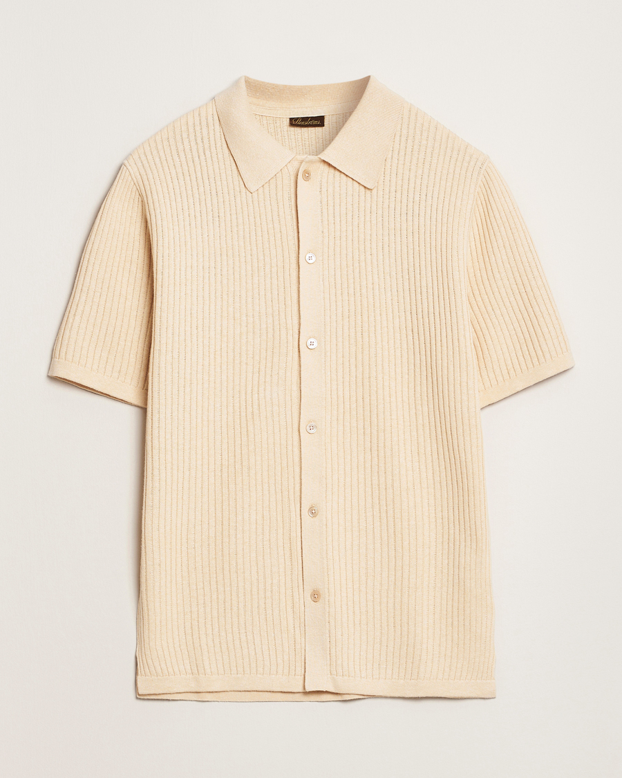 Hombres | Camisas | Stenströms | Knitted Buttonthru Polo Shirt Beige
