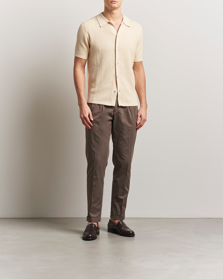 Hombres | Camisas | Stenströms | Knitted Buttonthru Polo Shirt Beige