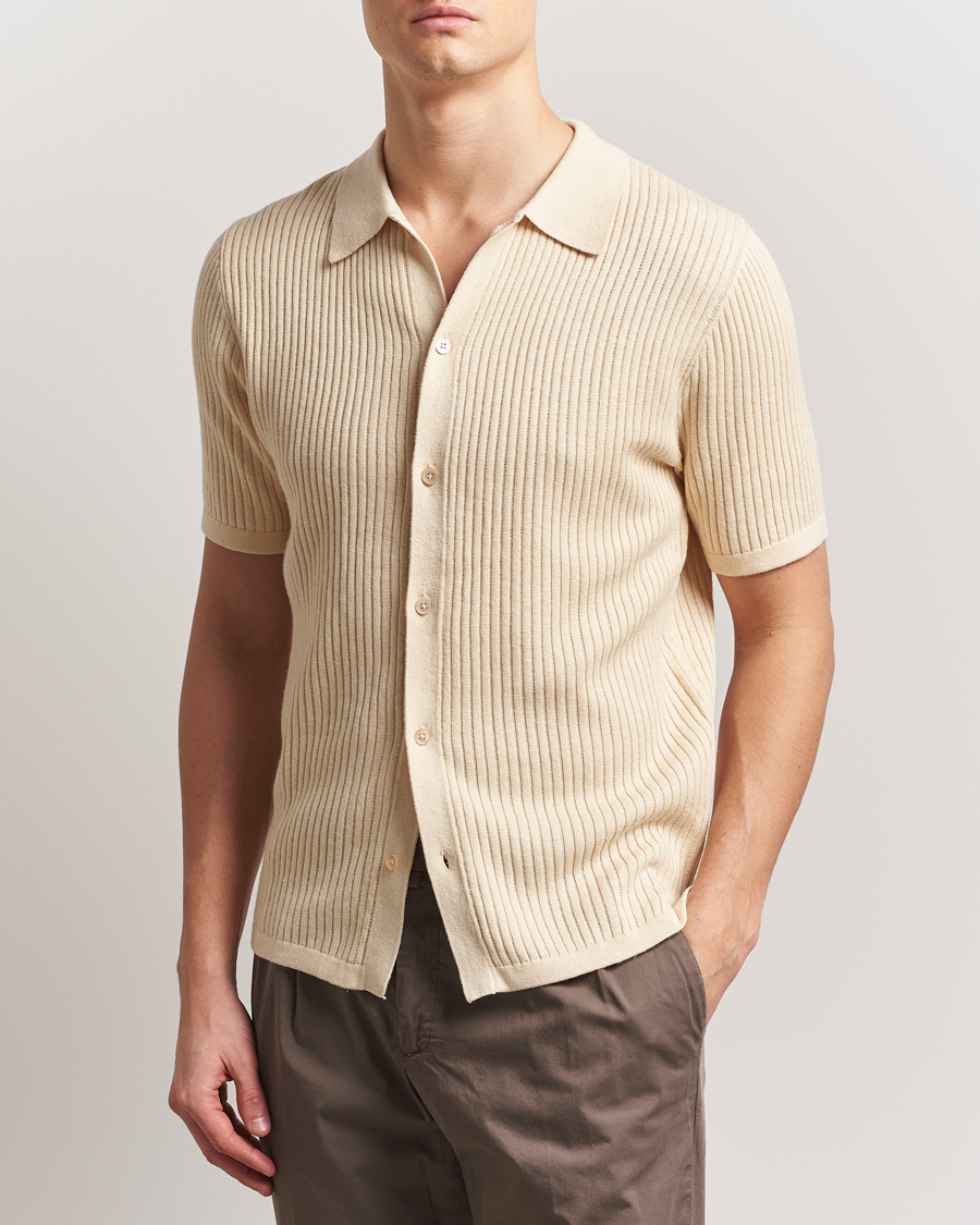 Hombres | Camisas | Stenströms | Knitted Buttonthru Polo Shirt Beige