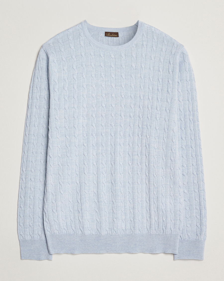 Hombres | Jerséis y prendas de punto | Stenströms | Merino Cable Crew Neck Light Blue