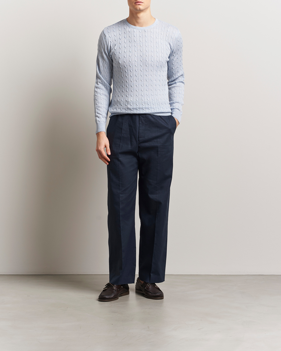 Hombres | Jerséis y prendas de punto | Stenströms | Merino Cable Crew Neck Light Blue