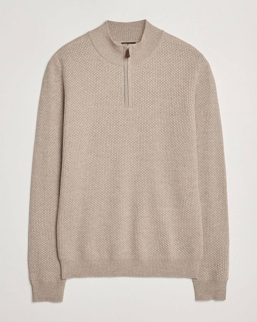 Hombres | Jerséis y prendas de punto | Stenströms | Knitted Textured Half-Zip Beige
