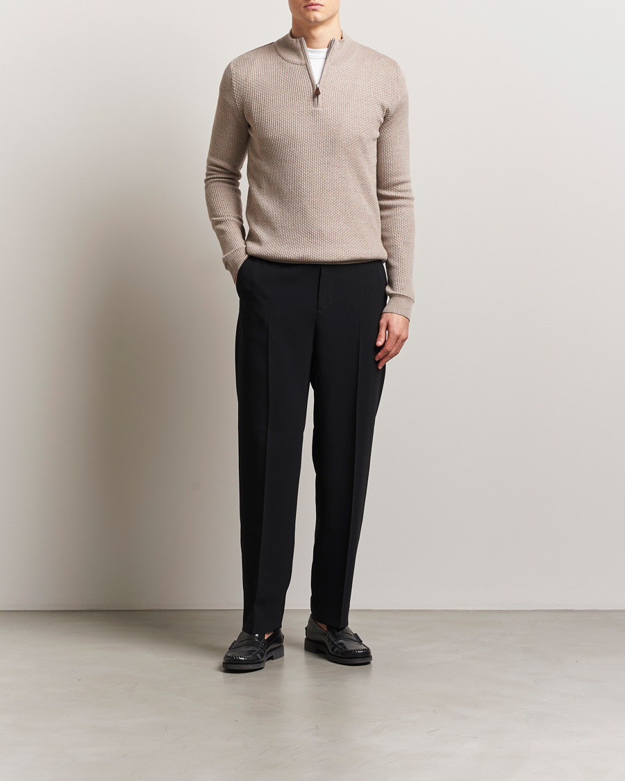 Hombres | Jerséis y prendas de punto | Stenströms | Knitted Textured Half-Zip Beige