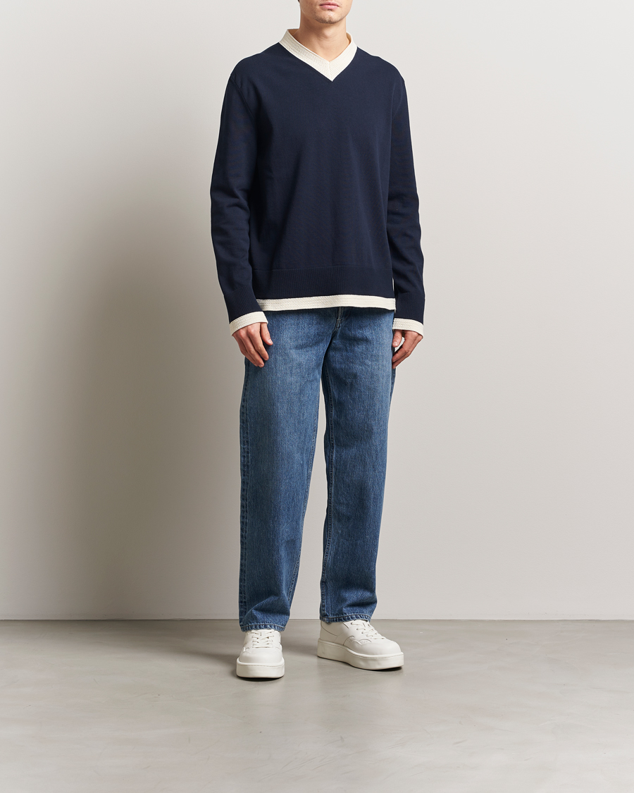 Hombres | Jerséis y prendas de punto | Jil Sander | Contrast Trim V-Neck Sweater Navy