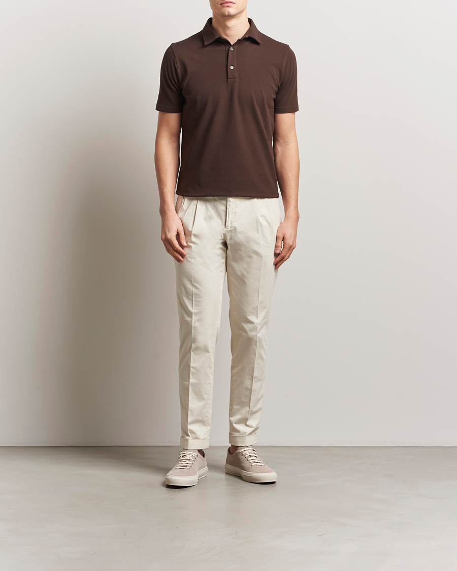 Hombres | Polos | Zanone | Soft Cotton Piquet Polo Dark Brown