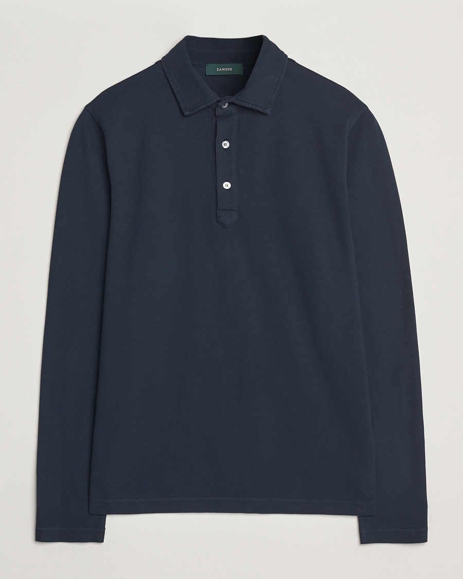 Hombres | Jerséis y prendas de punto | Zanone | Soft Cotton Piquet Long Sleeve Polo Navy