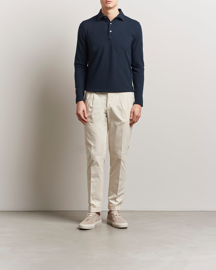 Hombres | Jerséis y prendas de punto | Zanone | Soft Cotton Piquet Long Sleeve Polo Navy