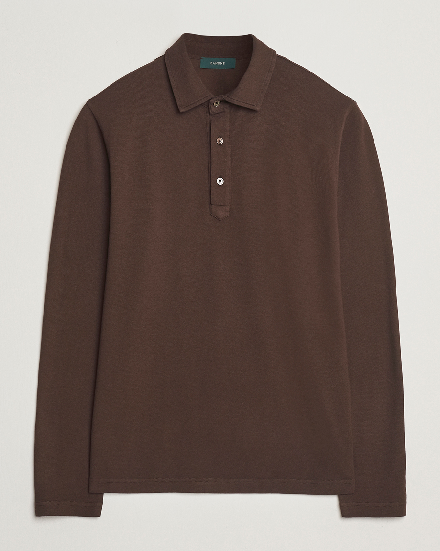 Hombres | Jerséis y prendas de punto | Zanone | Soft Cotton Piquet Long Sleeve Polo Dark Brown