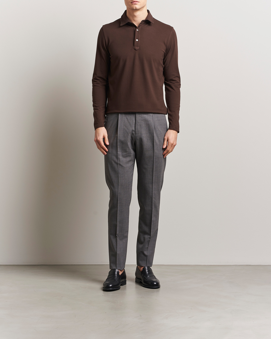 Hombres | Jerséis y prendas de punto | Zanone | Soft Cotton Piquet Long Sleeve Polo Dark Brown