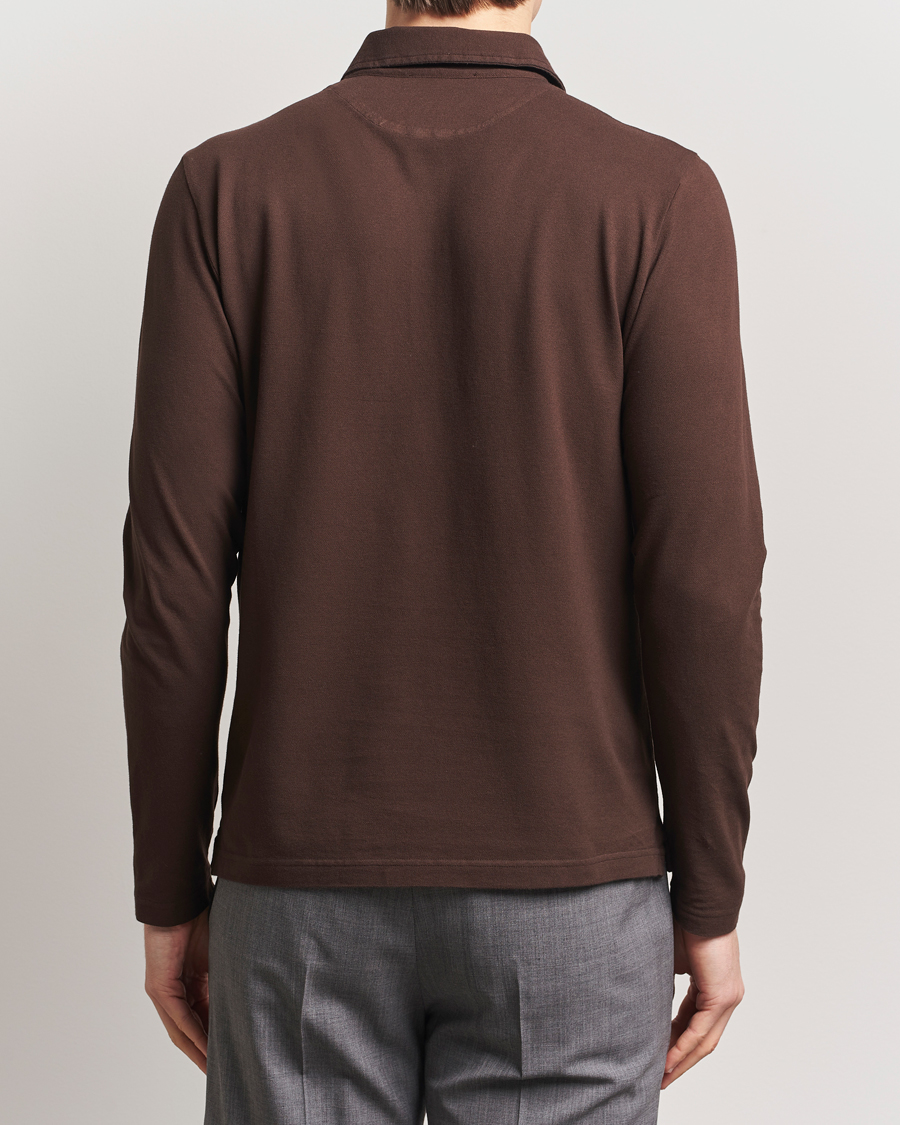 Hombres | Jerséis y prendas de punto | Zanone | Soft Cotton Piquet Long Sleeve Polo Dark Brown