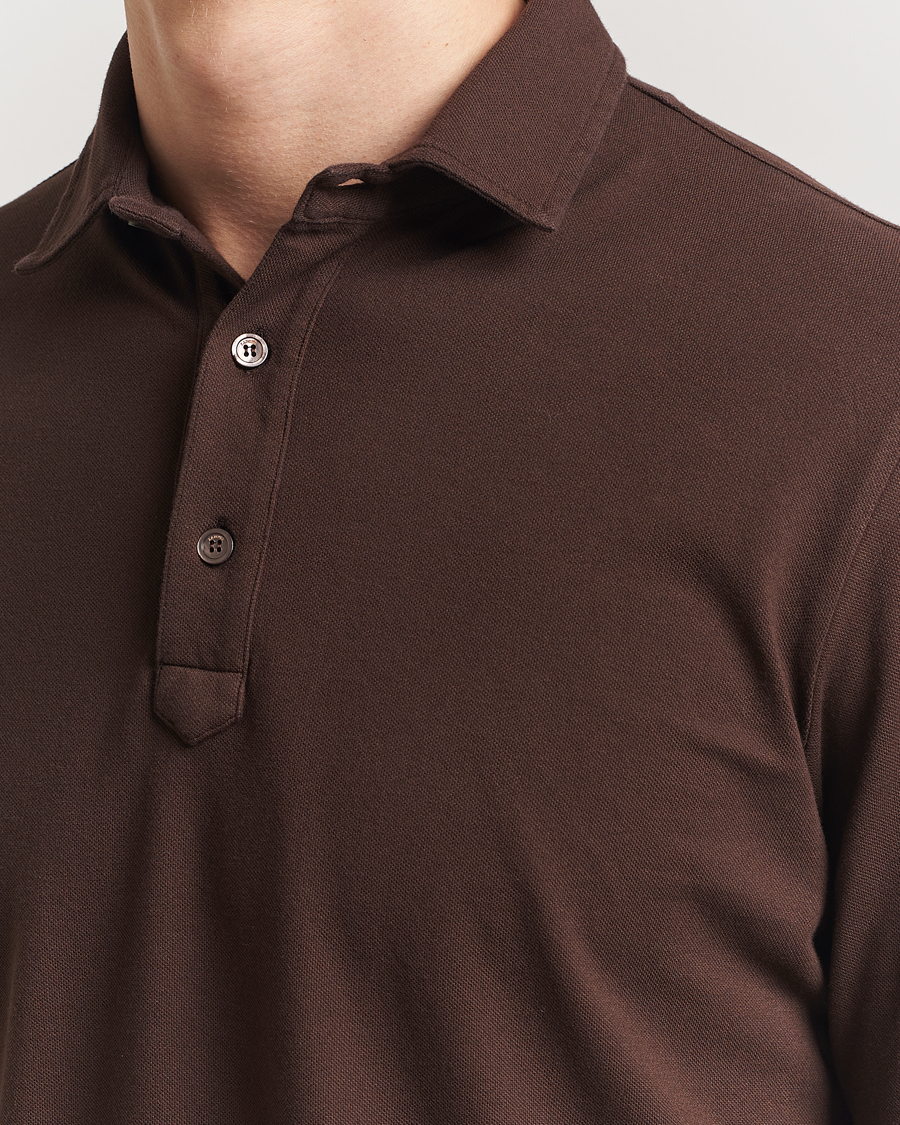 Hombres | Jerséis y prendas de punto | Zanone | Soft Cotton Piquet Long Sleeve Polo Dark Brown