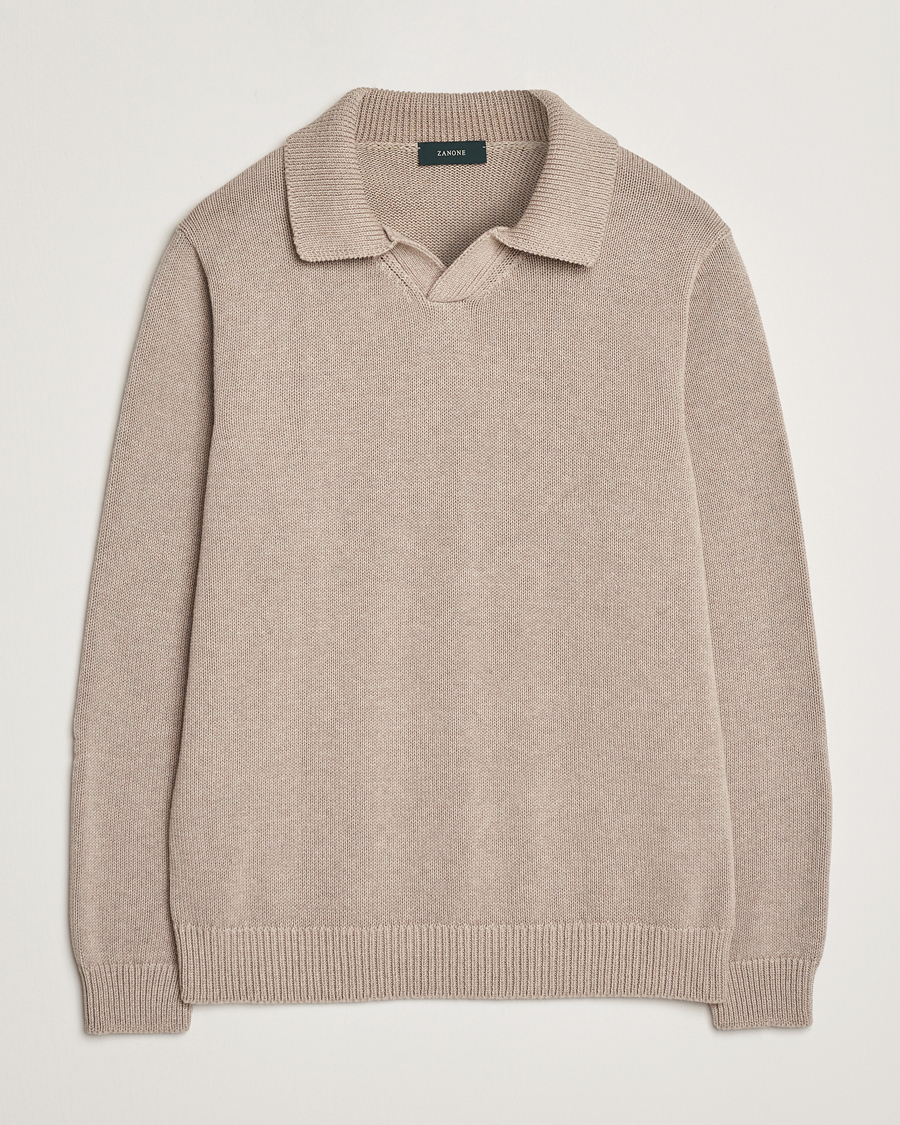 Hombres | Jerséis y prendas de punto | Zanone | Soft Cotton Long Sleeve Polo Beige