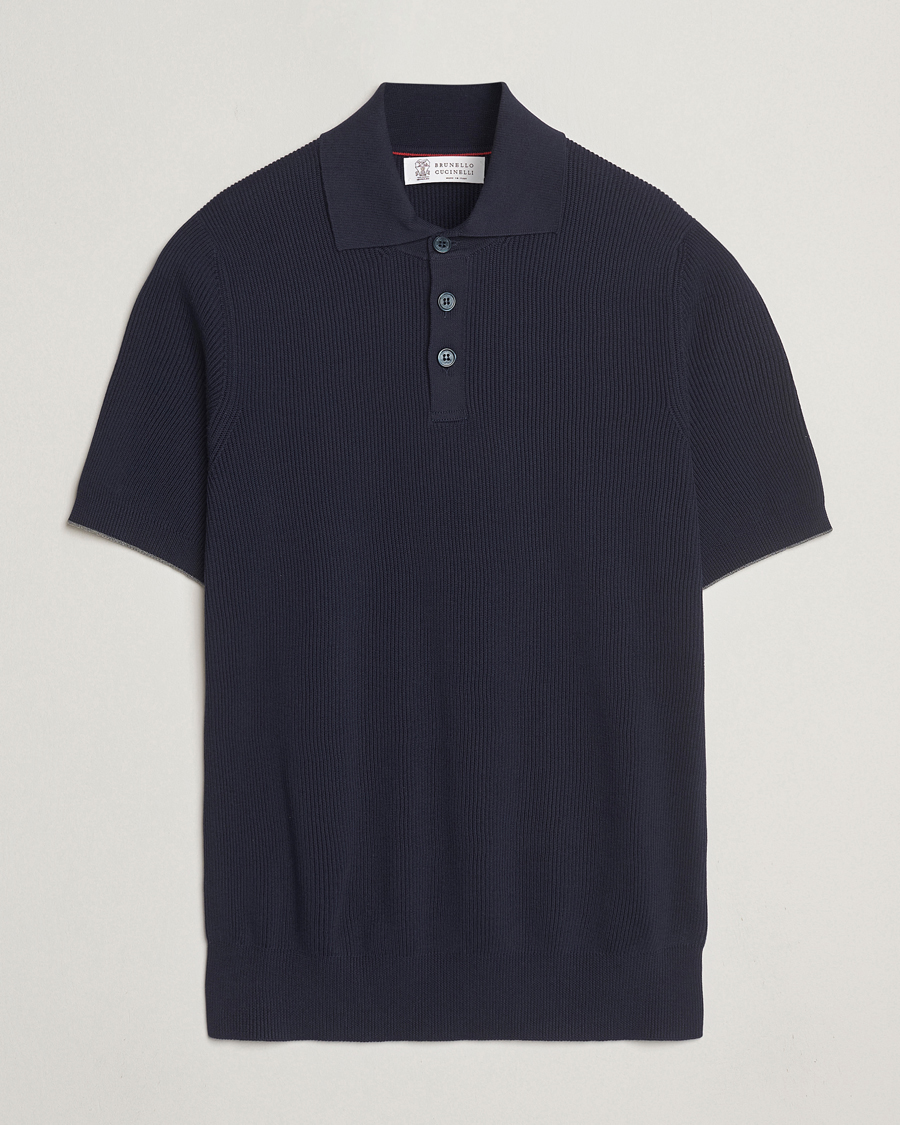 Hombres | Polos | Brunello Cucinelli | Cotton Rib Knitted Polo Navy