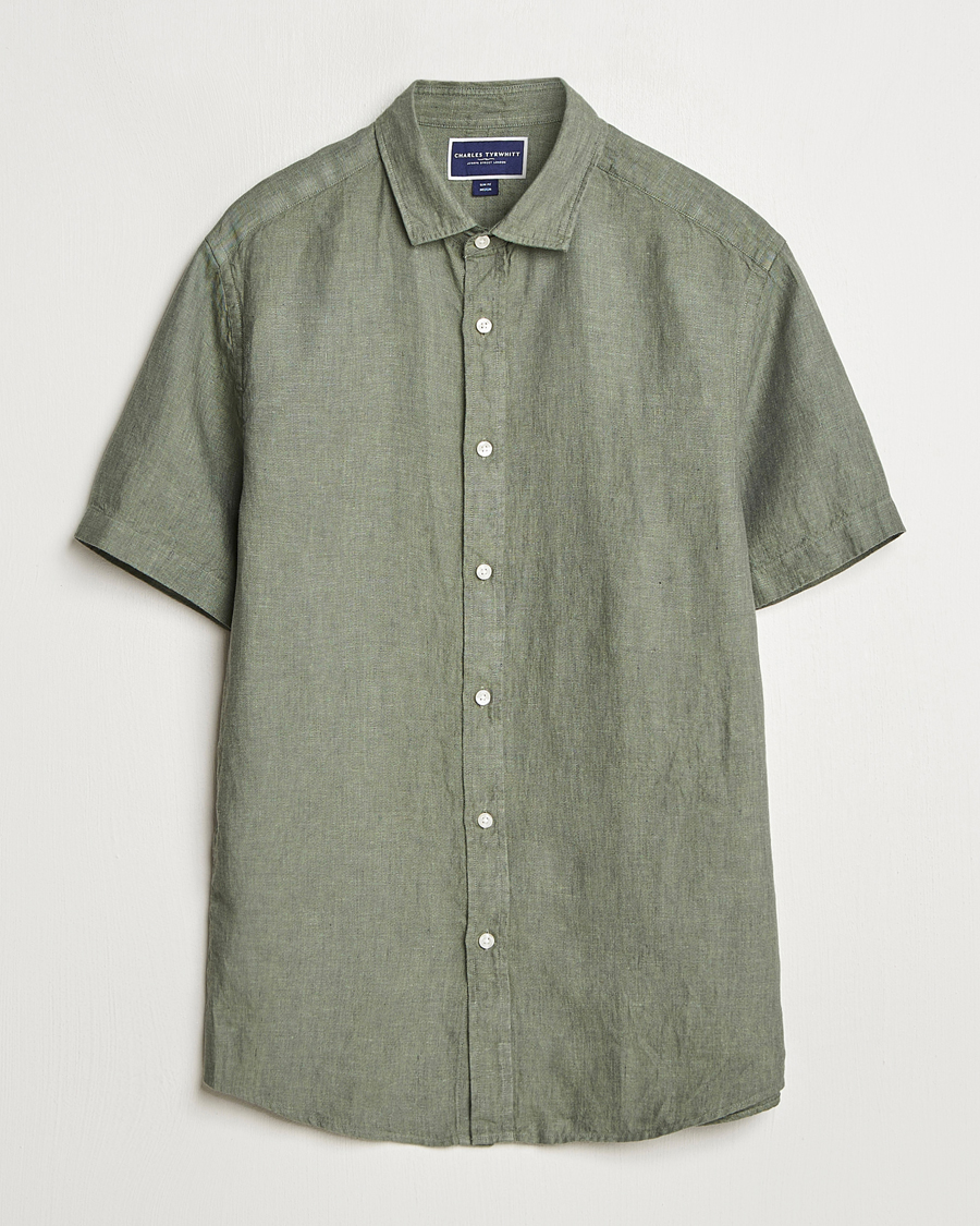 Hombres | Camisas | Charles Tyrwhitt | Pure Linen Short Sleeve Slim Fit Shirt Olive