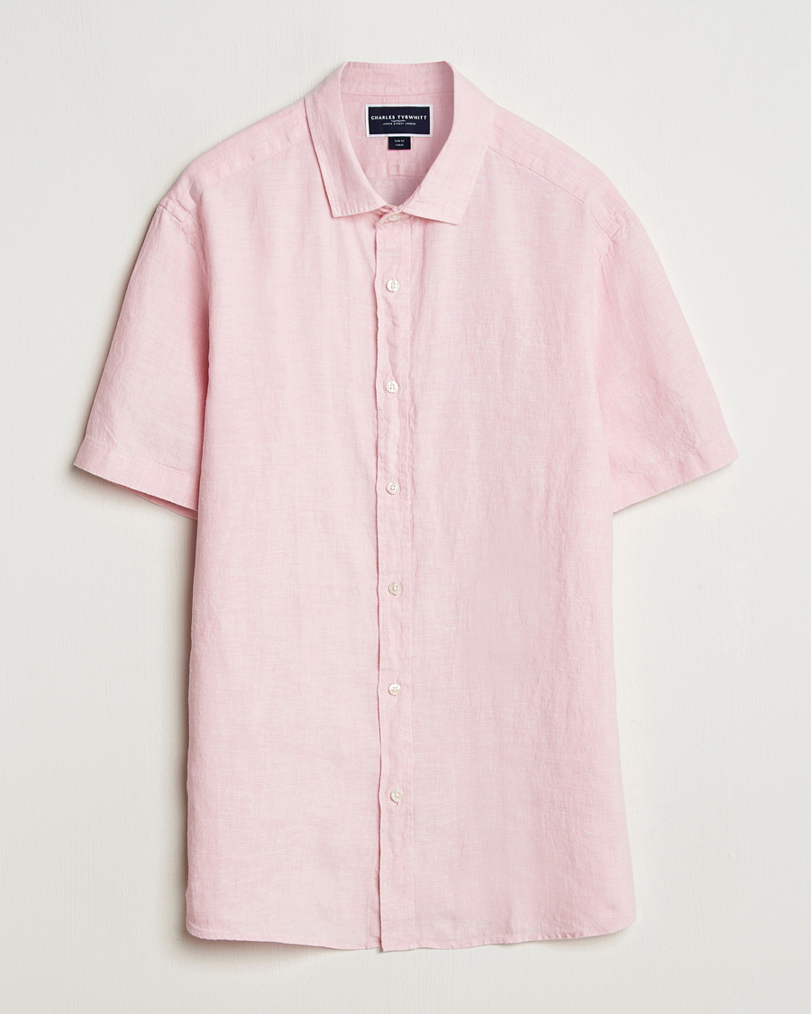 Hombres | Camisas | Charles Tyrwhitt | Pure Linen Short Sleeve Slim Fit Shirt Pink