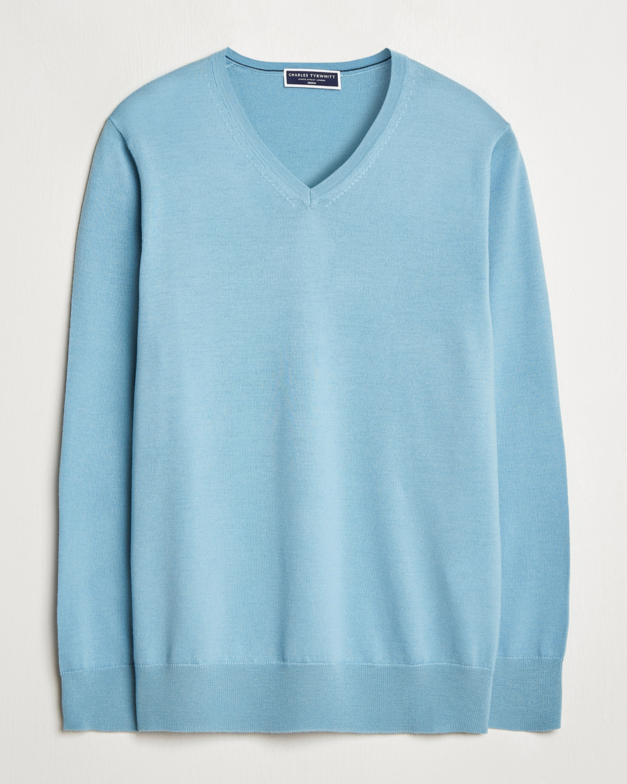 Hombres | Jerséis y prendas de punto | Charles Tyrwhitt | Pure Merino V-Neck Jumper Aqua Green
