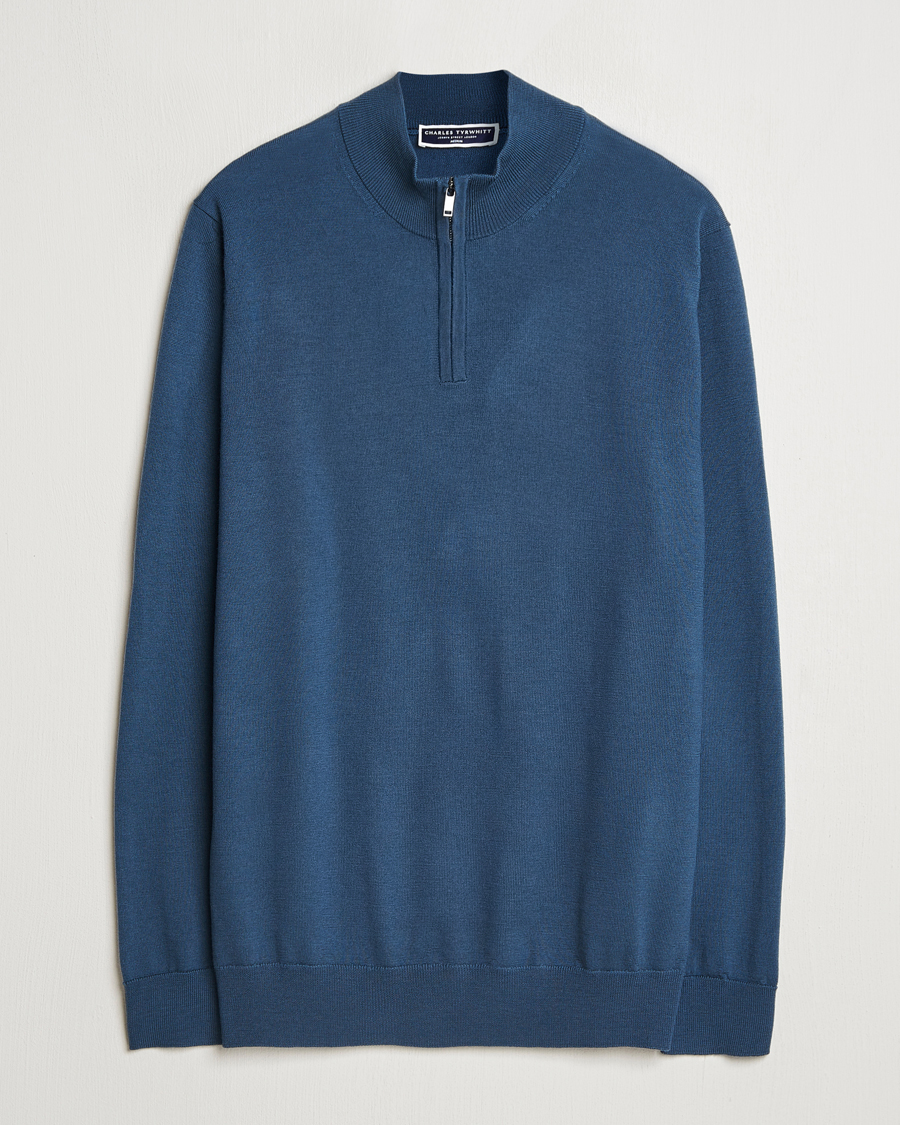 Hombres | Jerséis y prendas de punto | Charles Tyrwhitt | Pure Merino Zip Neck Jumper Petrol Blue