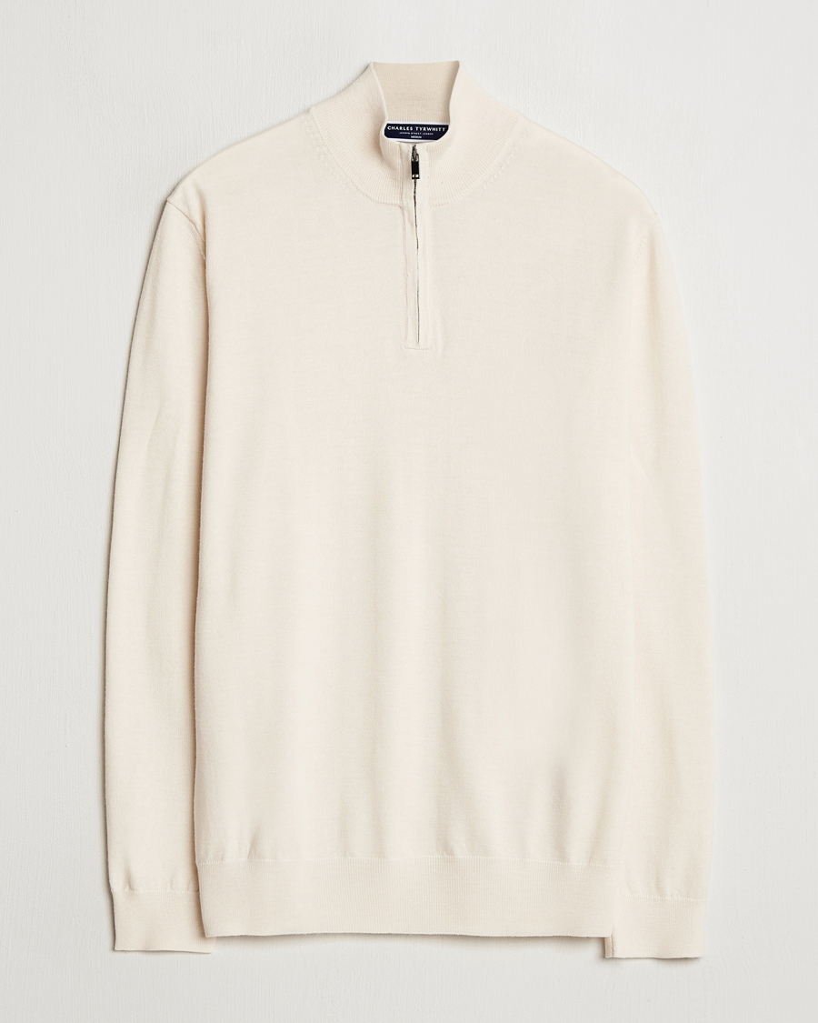 Hombres | Jerséis y prendas de punto | Charles Tyrwhitt | Pure Merino Zip Neck Jumper Cream