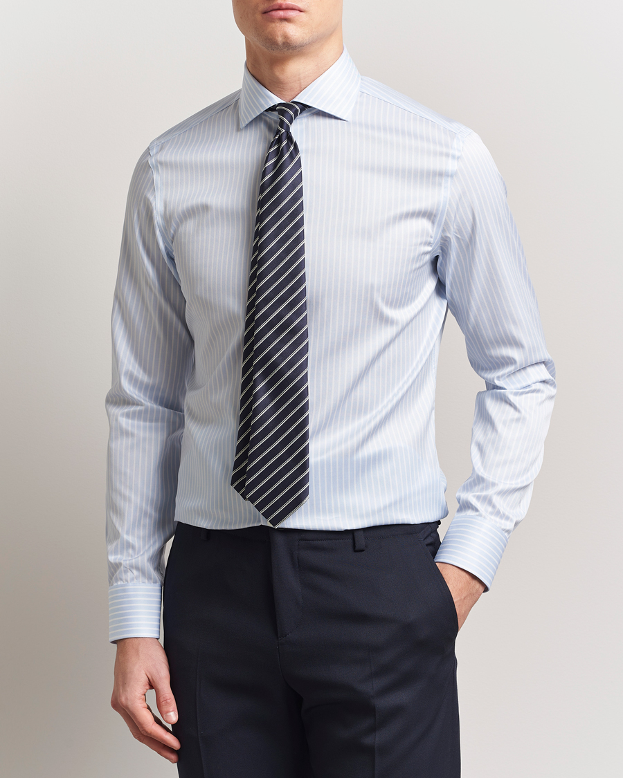 Hombres | Camisas | Canali | Slim Fit Striped Cotton Shirt Light Blue