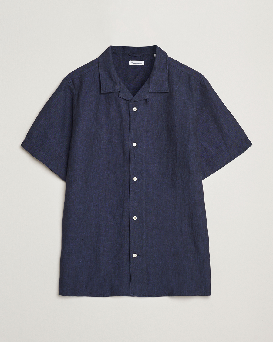 Hombres | Camisas | KnowledgeCotton Apparel | Short Sleeve Linen Resort Shirt Total Eclipse