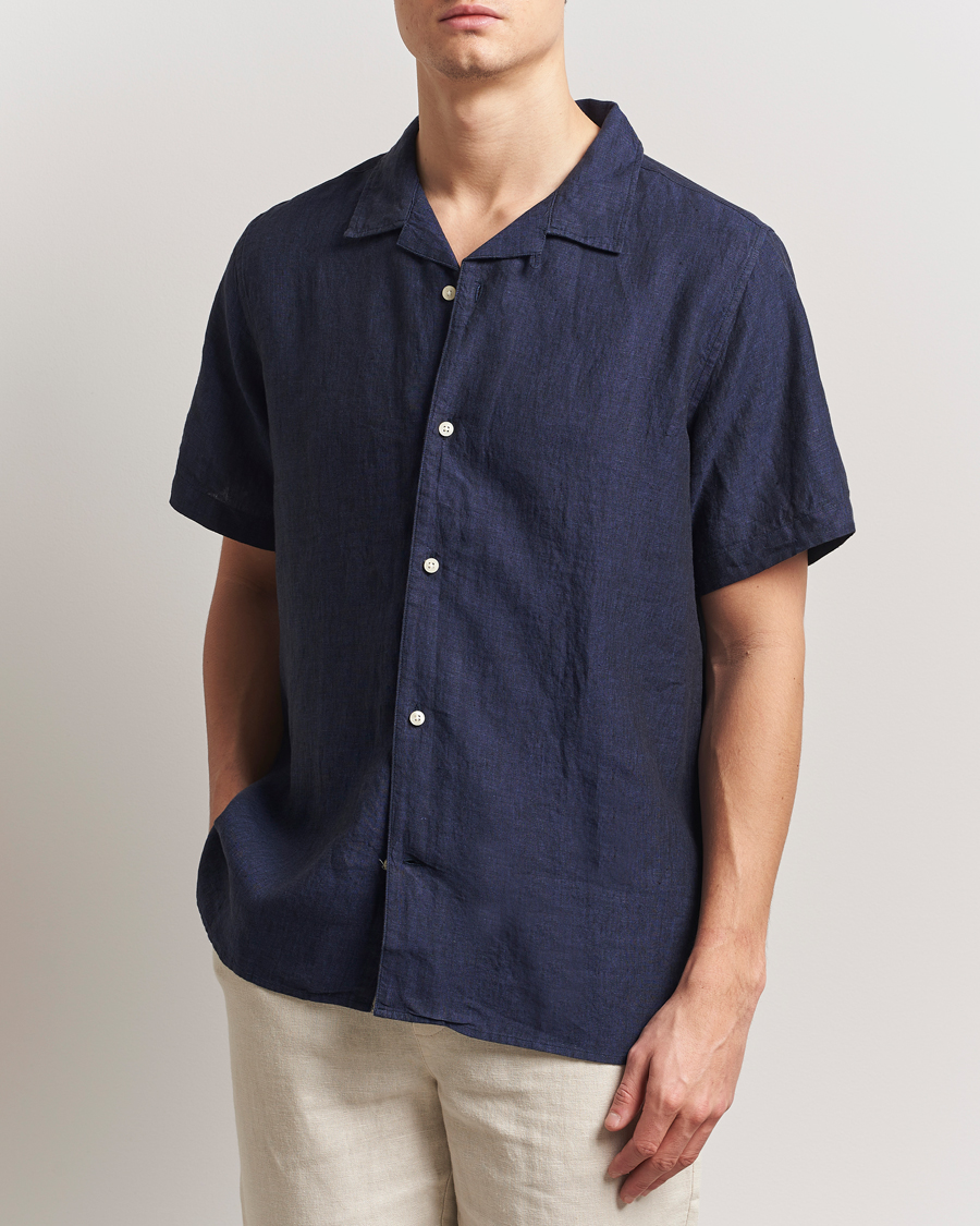 Hombres | Camisas | KnowledgeCotton Apparel | Short Sleeve Linen Resort Shirt Total Eclipse