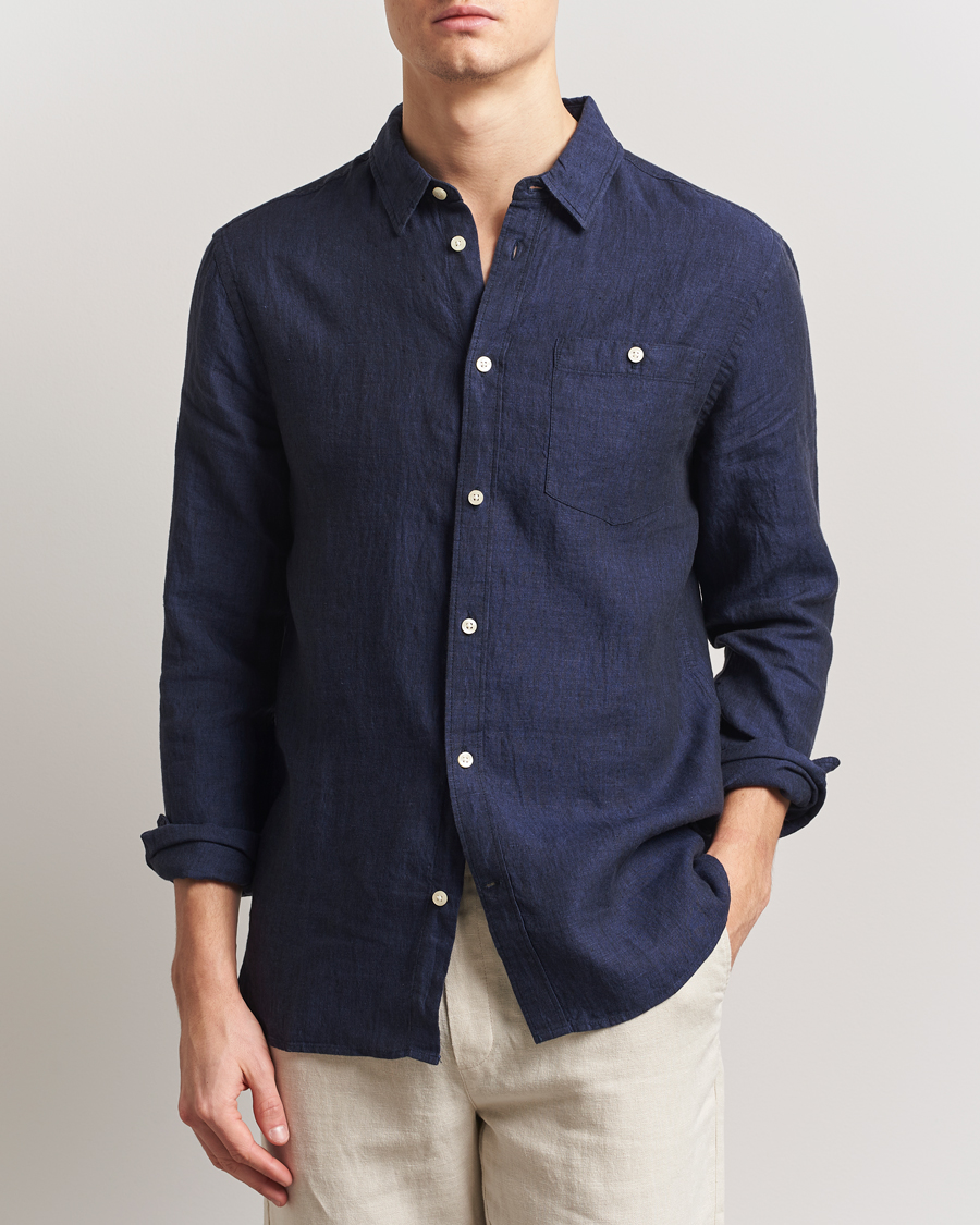Hombres | Camisas | KnowledgeCotton Apparel | Regular Linen Shirt Total Eclipse