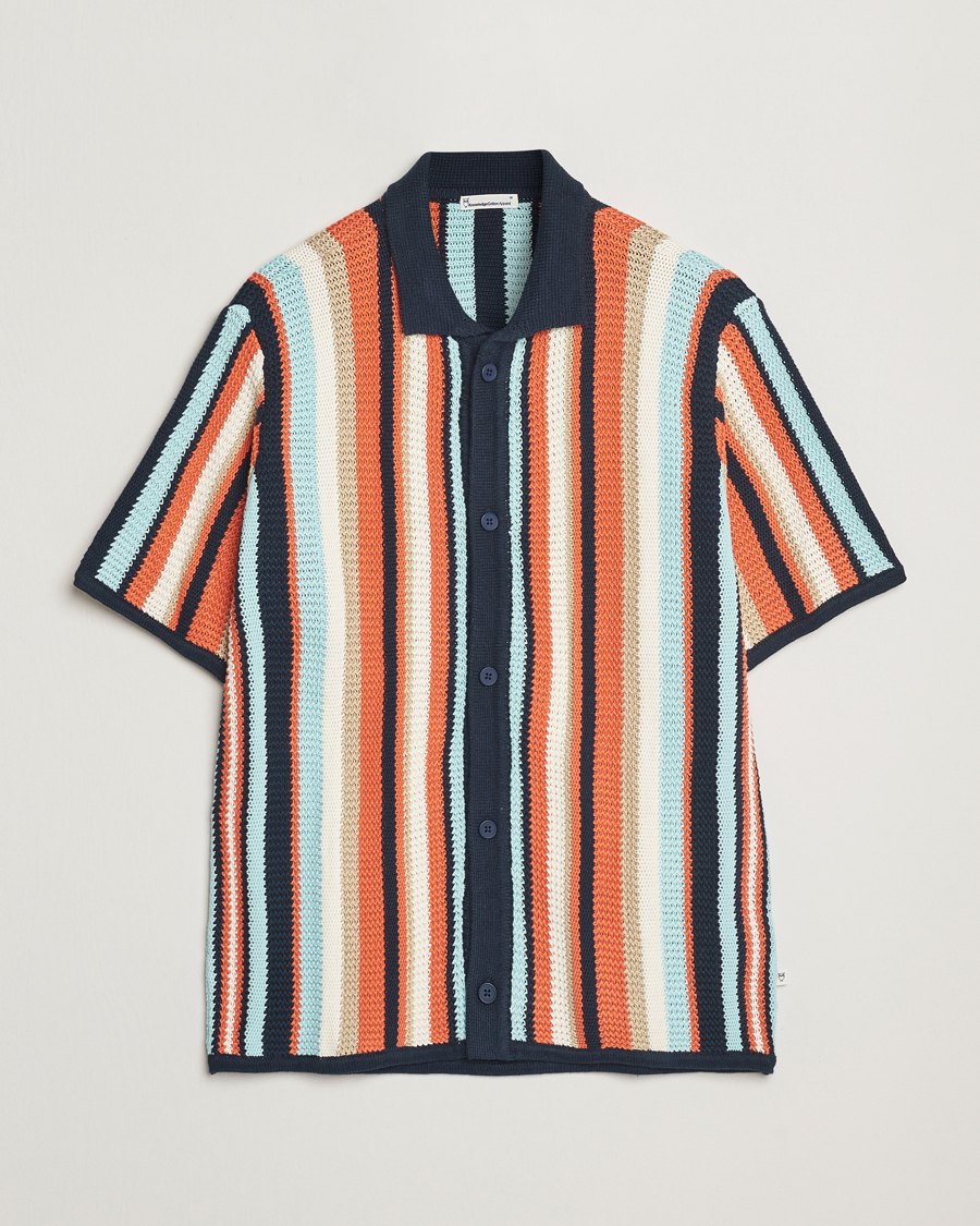 Hombres | Camisas | KnowledgeCotton Apparel | Knitted Multi Stripe Short Sleeve Shirt Blue