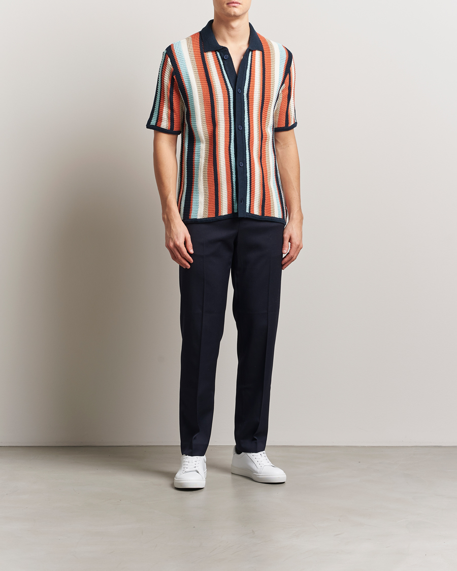 Hombres | Camisas | KnowledgeCotton Apparel | Knitted Multi Stripe Short Sleeve Shirt Blue