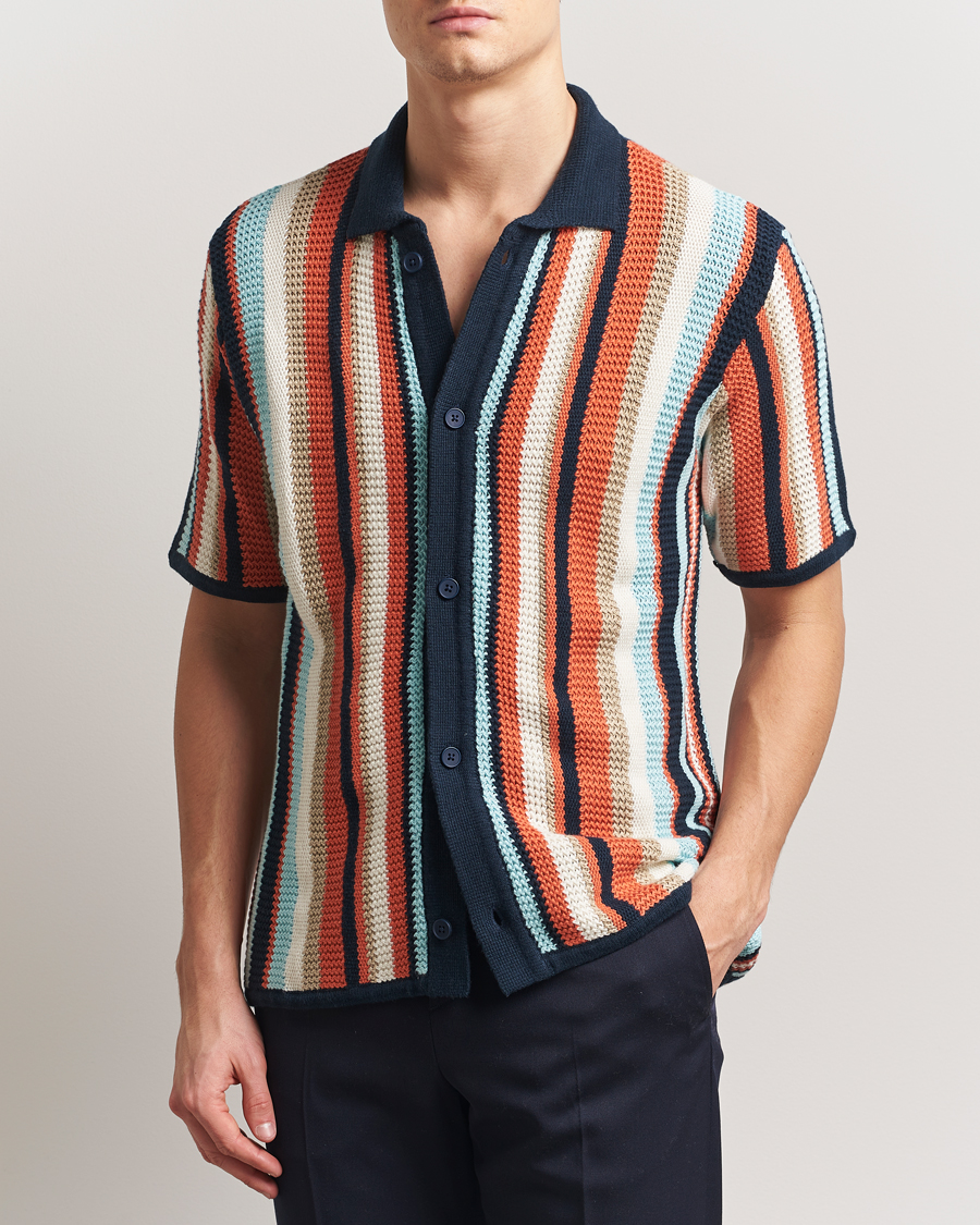 Hombres | Camisas | KnowledgeCotton Apparel | Knitted Multi Stripe Short Sleeve Shirt Blue