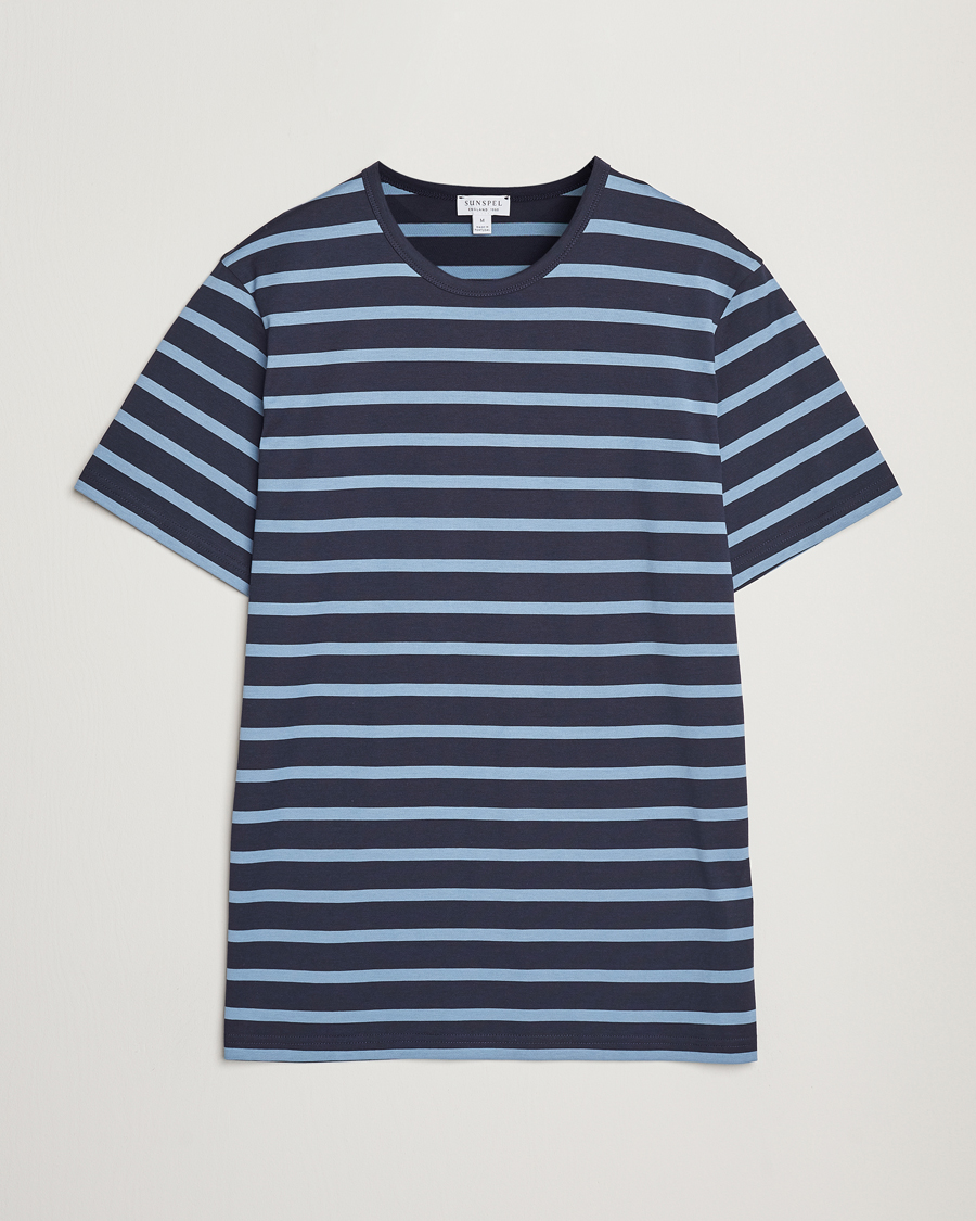 Hombres | Camisetas | Sunspel | Striped Crew Neck Q82 Cotton T-Shirt Navy/Como Blue