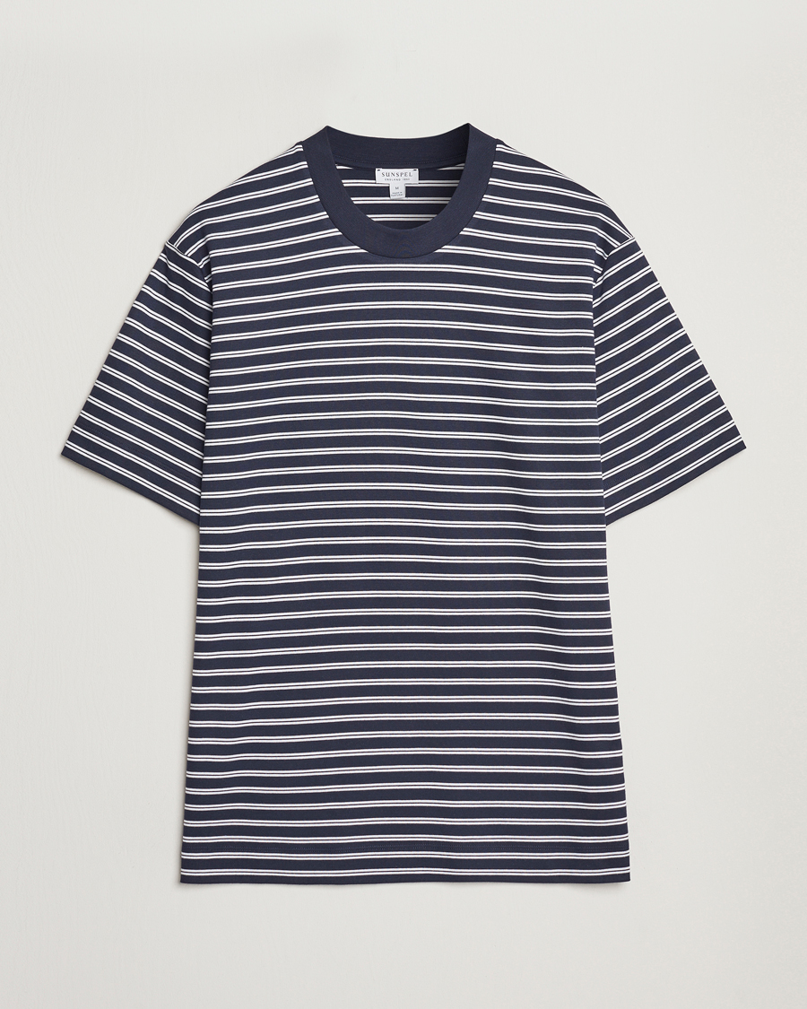 Hombres | Camisetas | Sunspel | Heavy Weight Supima Cotton T-Shirt Navy/White
