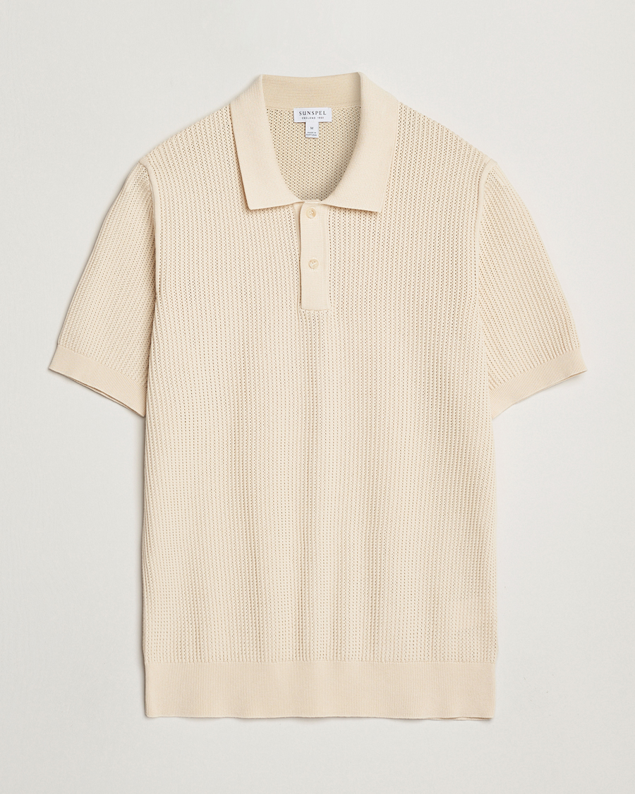 Hombres | Polos | Sunspel | Mesh Knit Stitch Polo Ecru