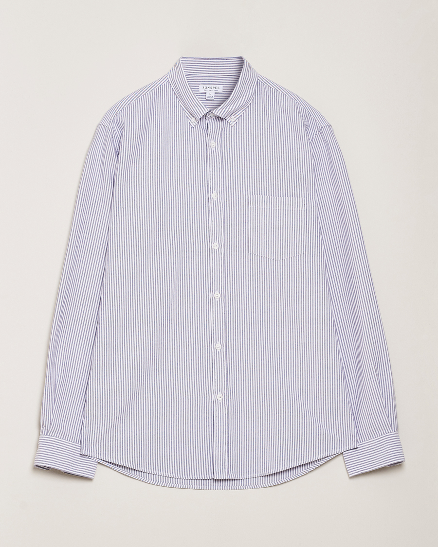 Hombres | Camisas | Sunspel | Striped Oxford Button Down Shirt White/Navy