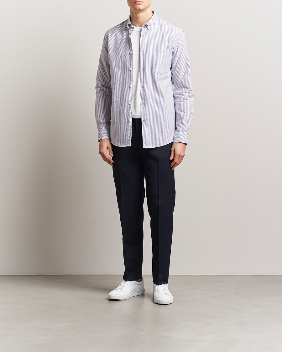 Hombres | Camisas | Sunspel | Striped Oxford Button Down Shirt White/Navy
