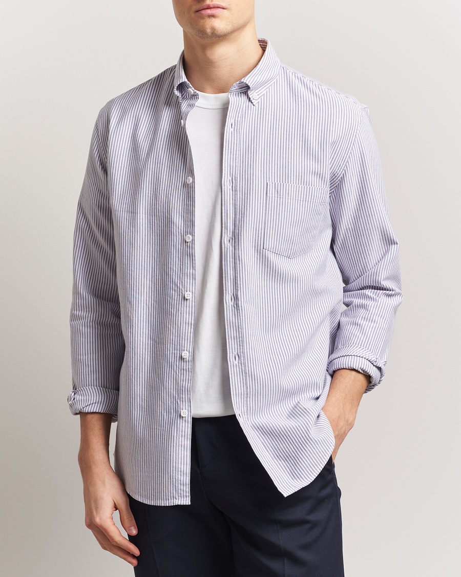 Hombres | Camisas | Sunspel | Striped Oxford Button Down Shirt White/Navy