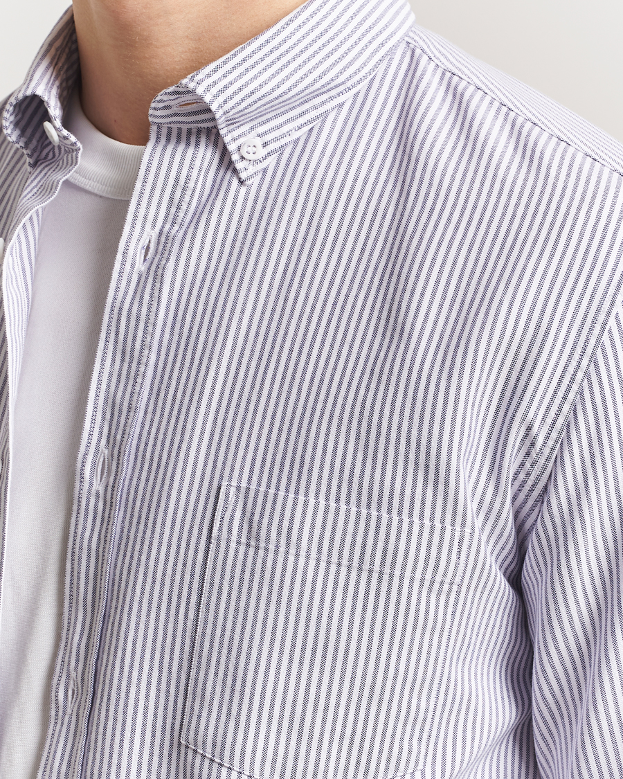 Hombres | Camisas | Sunspel | Striped Oxford Button Down Shirt White/Navy