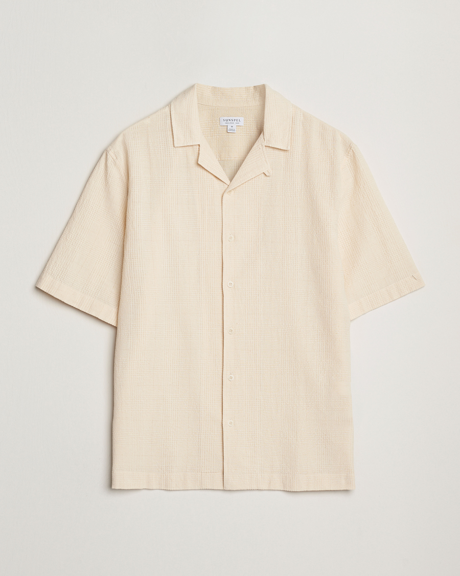 Hombres | Camisas | Sunspel | Loose Weave Check Cotton Camp Shirt Ecru